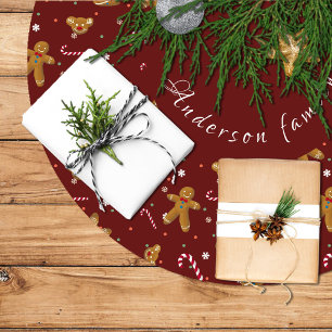 Gingerbread men and Christmas cookies maroon Brushed Polyester Tree Skirt