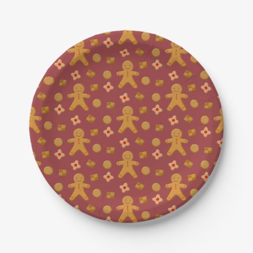 Gingerbread Men and Cookies Burgundy Pattern Paper Plates