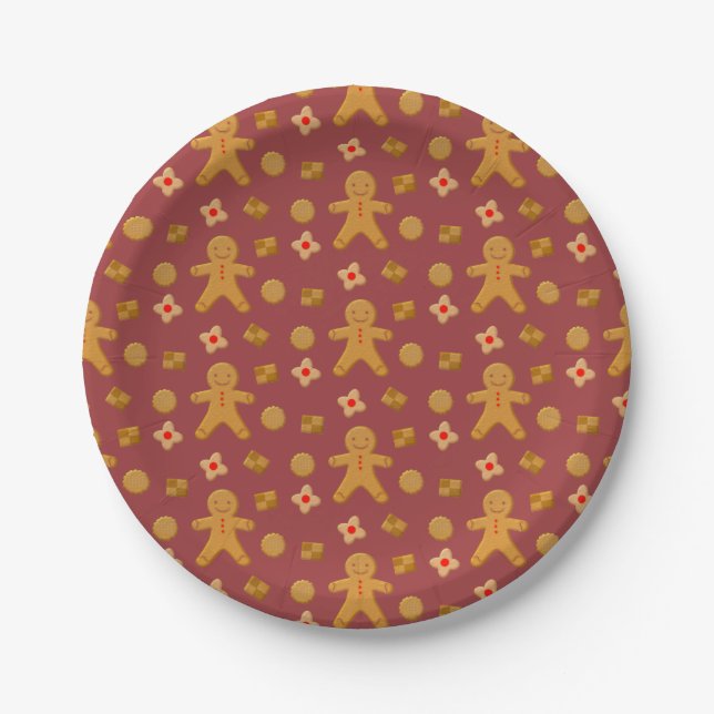 Gingerbread Men and Cookies Burgundy Pattern Paper Plates (Front)