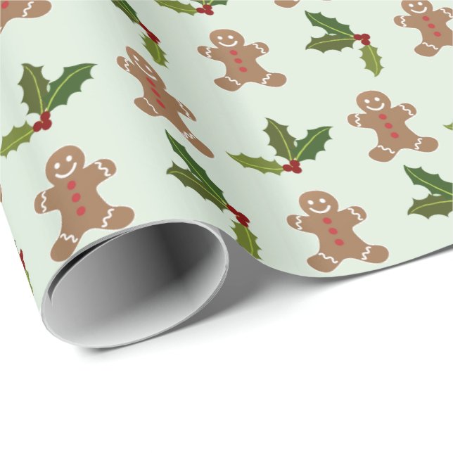 Gingerbread Men and Holly Christmas Pattern Wrapping Paper (Roll Corner)