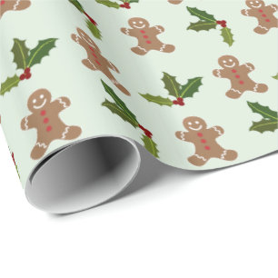 Gingerbread Men and Holly Christmas Pattern Wrapping Paper