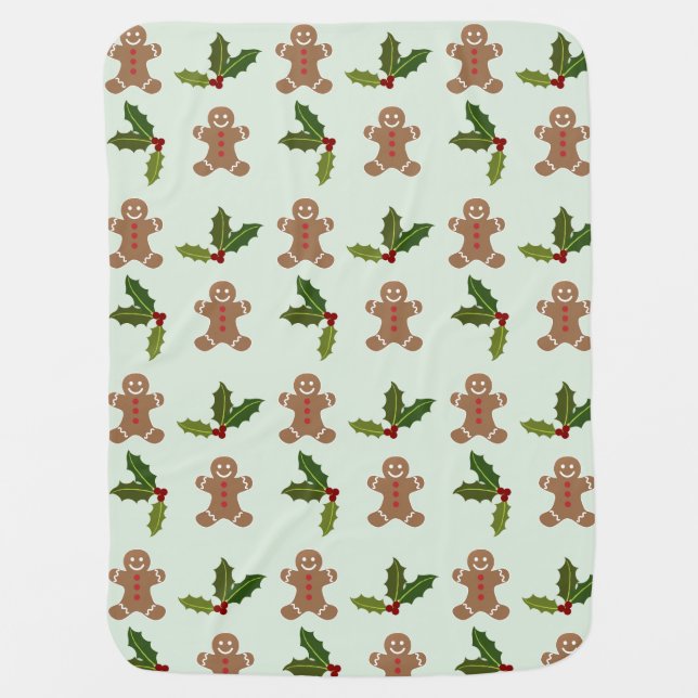 Gingerbread Men and Holly Pattern Baby Blanket (Front)