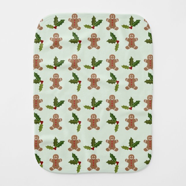 Gingerbread Men and Holly Pattern Baby Burp Cloth (Front)