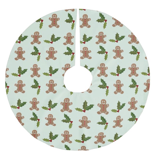 Gingerbread Men and Holly Pattern Brushed Polyester Tree Skirt (Front)