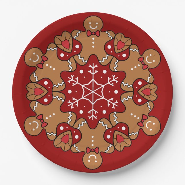 Gingerbread Men And Snowflake Mandalas Paper Plates (Front)