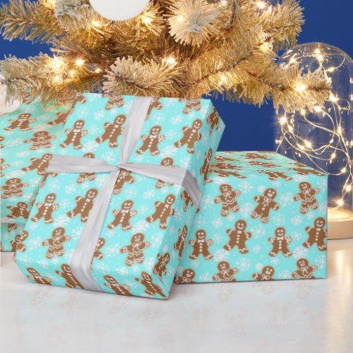 Gingerbread Men Blue Snowflake Pattern Wrapping Paper