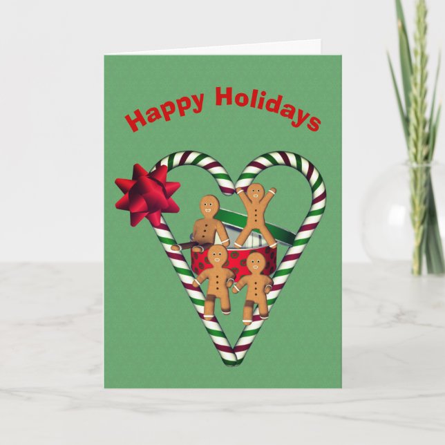 Gingerbread Men Candy Cane Heart Christmas Card (Front)