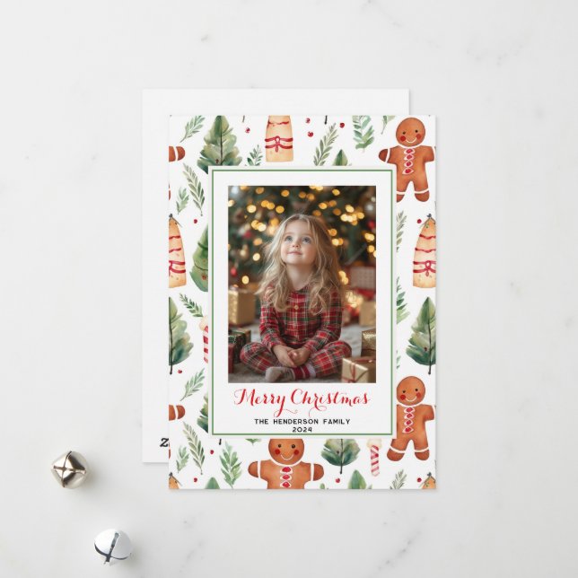 Gingerbread Men Custom Christmas Photo & Name Holiday Card (Front/Back In Situ)