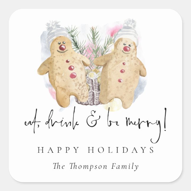 Gingerbread Men Eat Drink Be Name Happy Holidays Square Sticker (Front)
