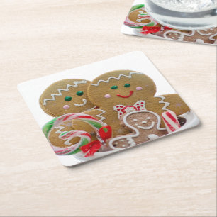 Gingerbread Men Family Christmas Square Paper Coaster