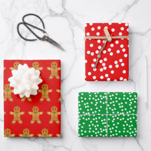 Gingerbread Men & Green and Red Polkadot Christmas Wrapping Paper Sheets
