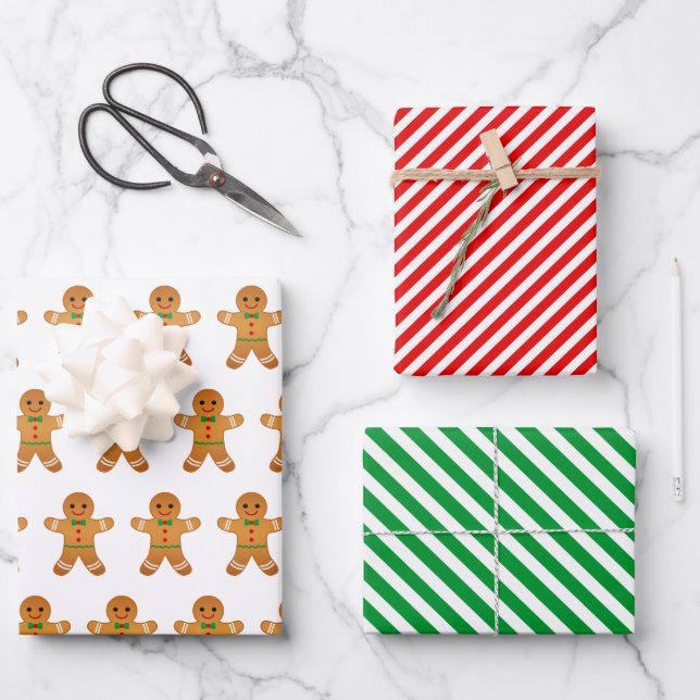 Gingerbread Men & Green and Red Striped Christmas Wrapping Paper Sheets (Front)