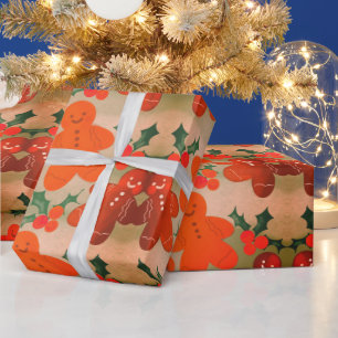 Gingerbread Men Holly Berries Wrapping Paper