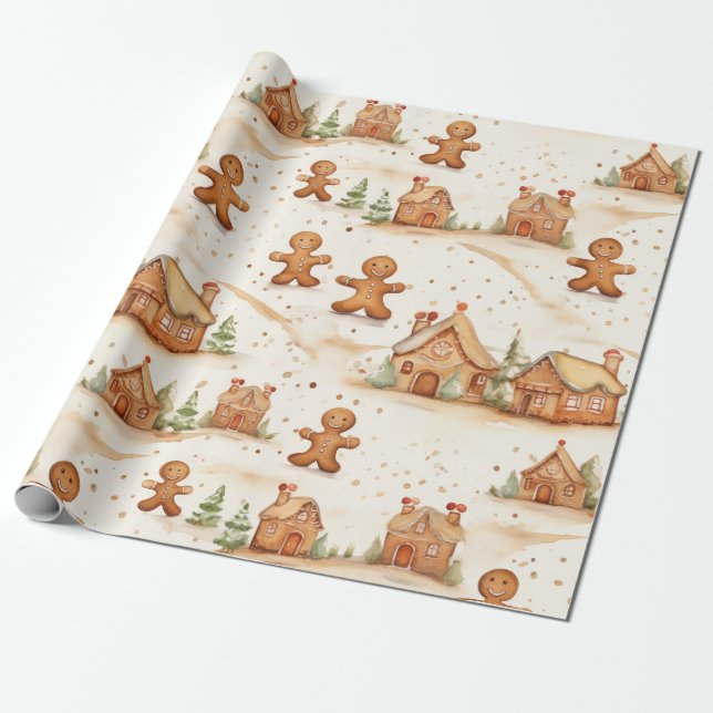 Gingerbread Men Houses Christmas Wrapping Paper (Unrolled)