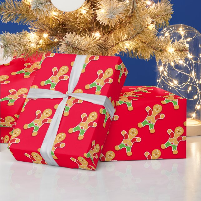 Gingerbread men red christmas bake pattern wrapping paper (Holidays)