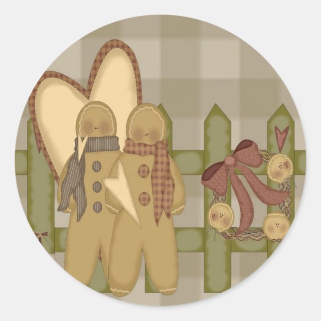 Gingerbread Men Rusty Wire Wreath Fence Classic Round Sticker (Front)
