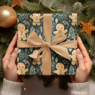 Gingerbread Men Winter & Christmas Greenery Wrapping Paper