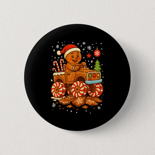 Gingerbread Monster Truck Christmas Snow Cute Xmas Button (Front)