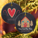 Gingerbread New Home Chalkboard Holiday Custom Ceramic Ornament<br><div class="desc">“Home Sweet New Home”. Here’s a wonderful way celebrate your 1st Christmas in your new home with this adorable, whimsical, chic, simple, modern, custom name Christmas ornament. A cute gingerbread house, cookie trees and playful script typography overlay a dark charcoal gray chalkboard background. Personalize with your names and year. A...</div>