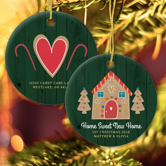 Gingerbread New Home Rustic Green Holiday Custom Ceramic Ornament (Creator Uploaded)