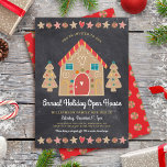 Gingerbread Open House Christmas Holiday Party Invitation<br><div class="desc">A cute, whimsical gingerbread house and trees, stars, hearts and candies, along with playful script typography, overlay a dark charcoal gray chalkboard background and help you usher in the holiday party season. A peppermint candy pattern over a red background adorns the back. Celebrate with family and friends while you feel...</div>