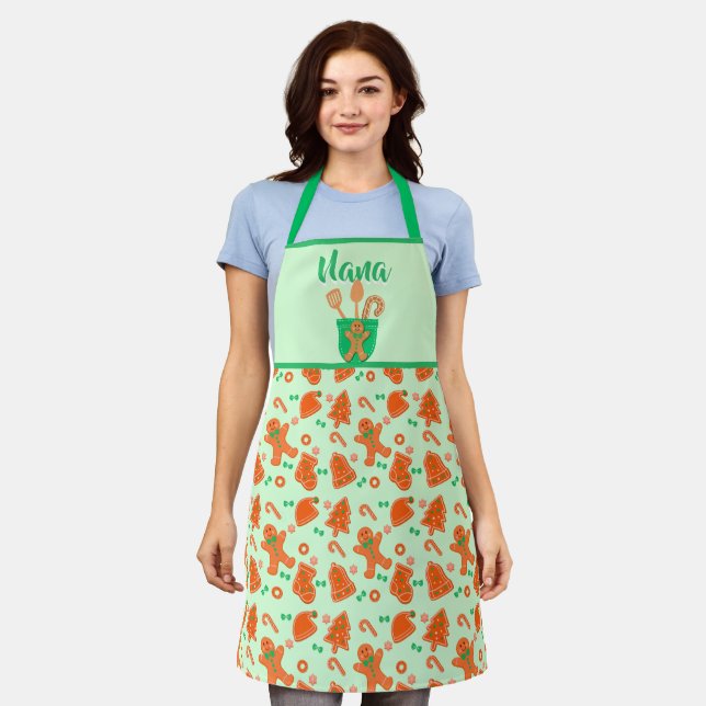 Gingerbread Pattern Grandma Gift Green Apron (Worn)