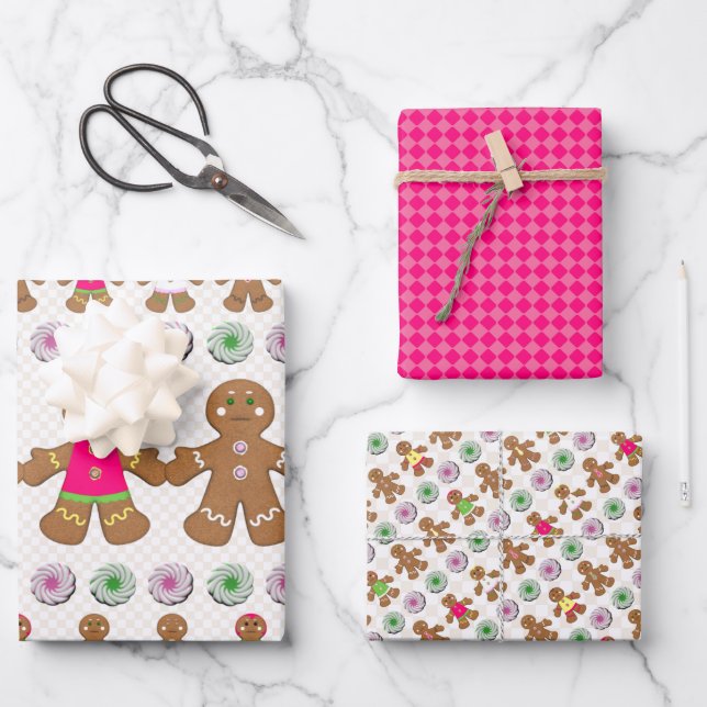 Gingerbread People Cookies and Candy Christmas Wrapping Paper Sheets (Front)