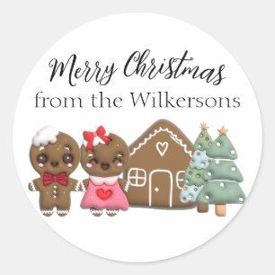 Gingerbread People Merry Christmas Custom Name Classic Round Sticker