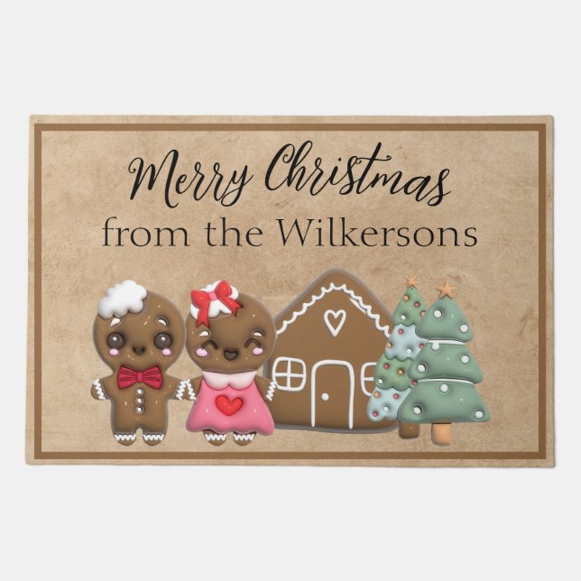 Gingerbread People Merry Christmas Custom Name Doormat (Front)