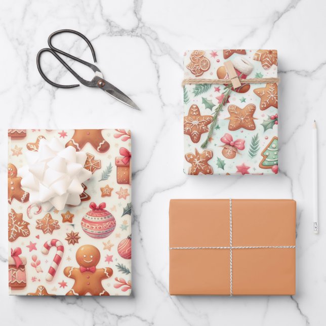 Gingerbread People Stars Trees Candy Canes Cookies Wrapping Paper Sheets (Front)