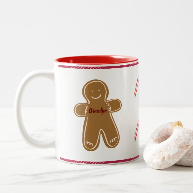 Gingerbread Personalize Grandma Grandpa Holiday Two-Tone Coffee Mug (With Donut)