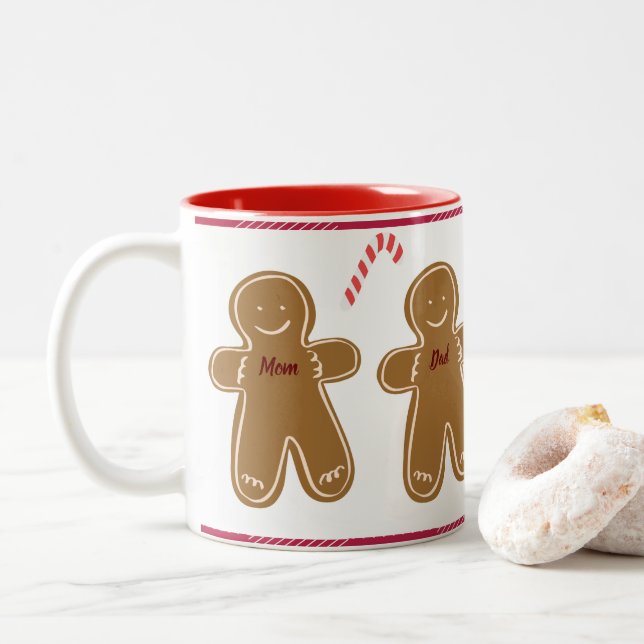 Gingerbread Personalize Name Family Holiday Cute Two-Tone Coffee Mug (With Donut)