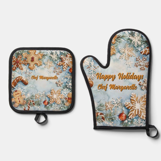 Gingerbread Personalized Holiday Chef Oven Mitt & Pot Holder Set (Front)
