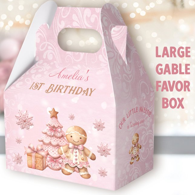 Gingerbread Pink Christmas 1st Birthday Large Favor Boxes (Gingerbread Birthday Large Gable Favor Boxes -You can choose from 3 sizes of these gable favor boxes)
