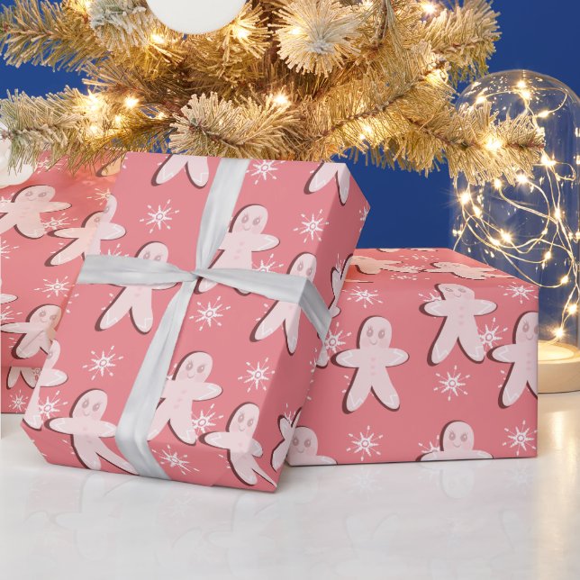 Gingerbread Pink Cookie and Snowflakes Wrapping Pa Wrapping Paper (Holidays)