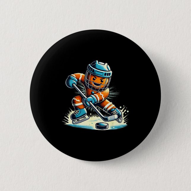 Gingerbread Playing Ice Hockey Lovers Boys Girls C Button (Front)