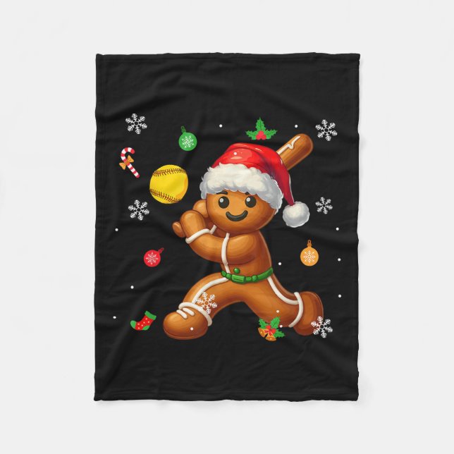 Gingerbread Playing Softball Christmas Player Kids Fleece Blanket (Front)