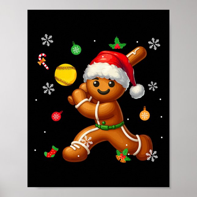 Gingerbread Playing Softball Christmas Player Kids Poster (Front)