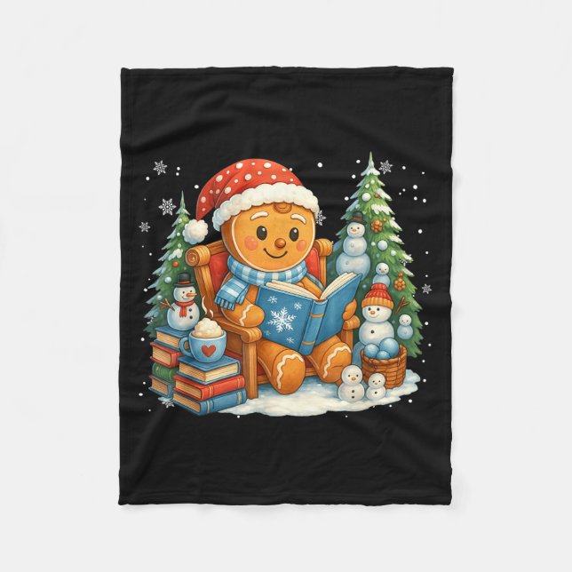 Gingerbread Reading Book Lovers Christmas Bookworm Fleece Blanket (Front)