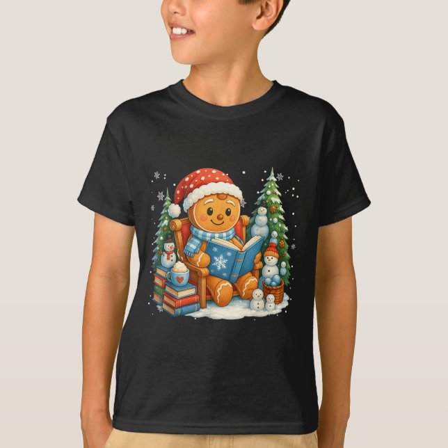 Gingerbread Reading Book Lovers Christmas Bookworm T-Shirt (Front)