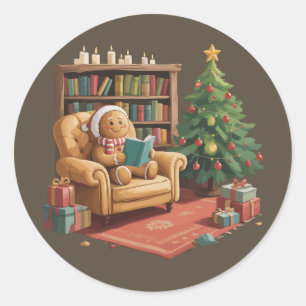 Gingerbread Reading Books Christmas Teacher  Classic Round Sticker