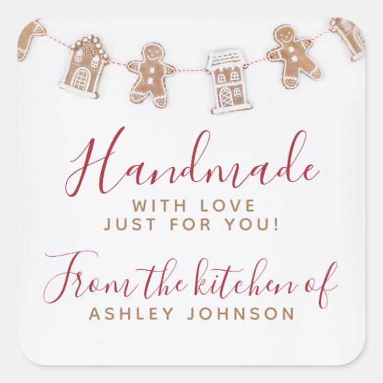 GINGERBREAD Red Handmade With Love Square Sticker