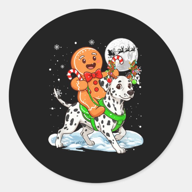 Gingerbread Ridding Dalmatian Reindeer Christmas B Classic Round Sticker (Front)