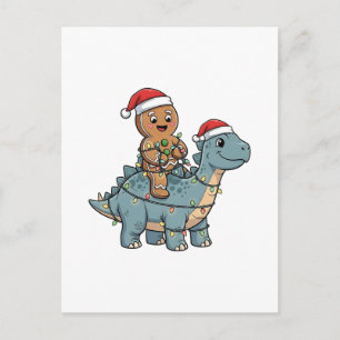 Gingerbread Riding A Dinosaur Santa Christmas Holiday Postcard