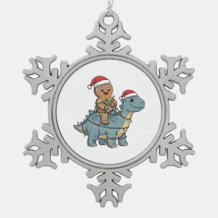 Gingerbread Riding A Dinosaur Santa Christmas Snowflake Pewter Christmas Ornament
