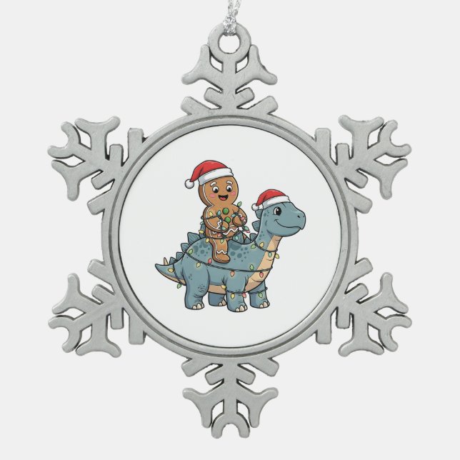Gingerbread Riding A Dinosaur Santa Christmas Snowflake Pewter Christmas Ornament (Front)