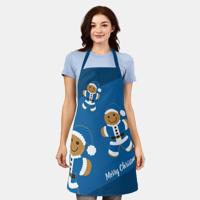 Gingerbread Santa Blue Christmas Apron (Worn)