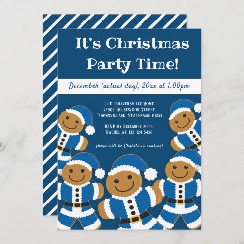 Gingerbread Santa Blue  Christmas Party Invitation