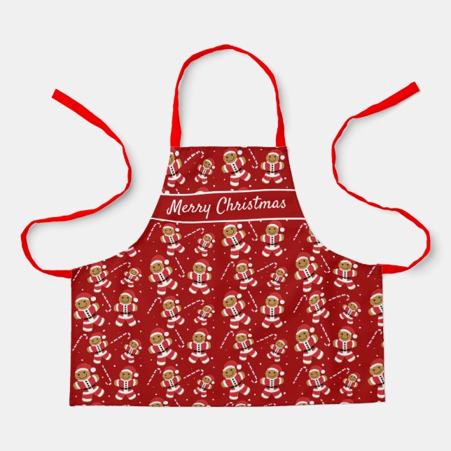 Gingerbread Santa Candy Cane Christmas Red Pattern Apron (Front)