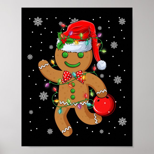 Gingerbread Santa Hat Playing Bowling Christmas Tr Poster (Front)